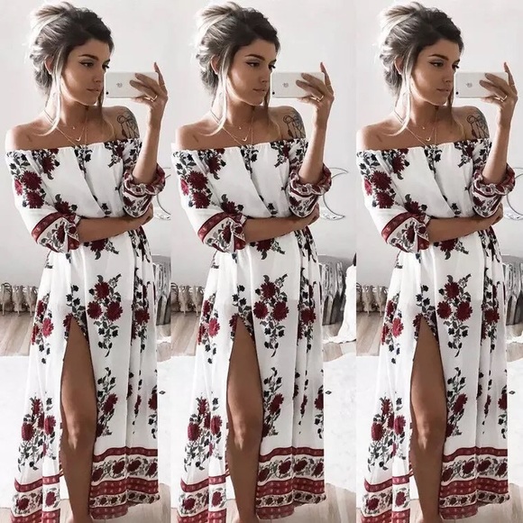 Dresses & Skirts - White floral open-shoulder maxi DRC122